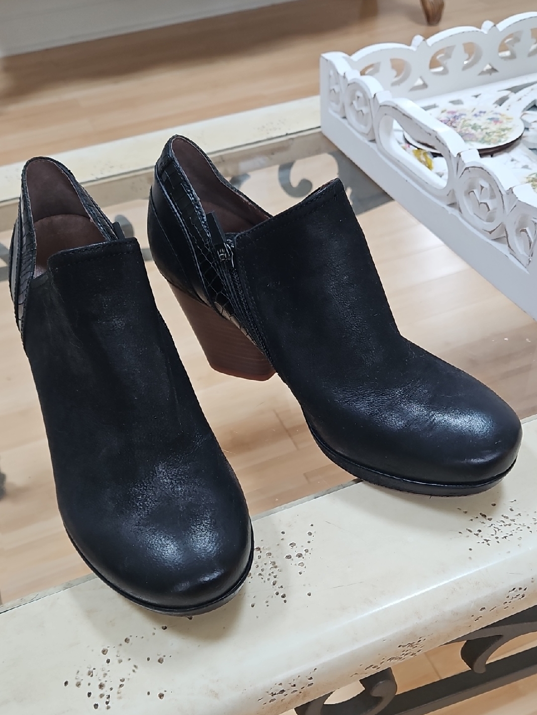 Dansko Black Leather Heeled Ankle Booties With Wood-Tone Heel
